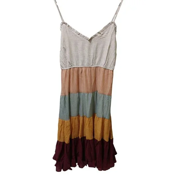 NWT Voy Linen Blend Spaghetti Strap Multi Color Dress W/ Smocked Back~Medium - Picture 1 of 9